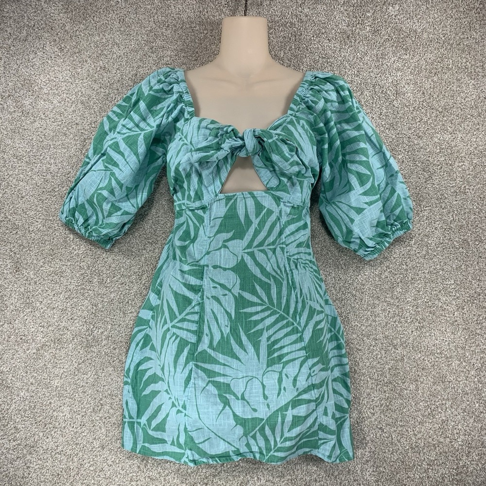 Billabong‎ Dress M Puff Sleeve Cut Out Wrap Tie Bow Green Blue Babydoll Tropical